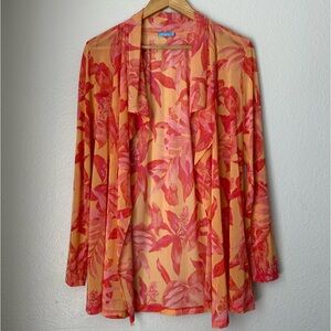 JMclaughlin Open Front Lightweight Cardigan Sheer Orange Pink Floral Tropical